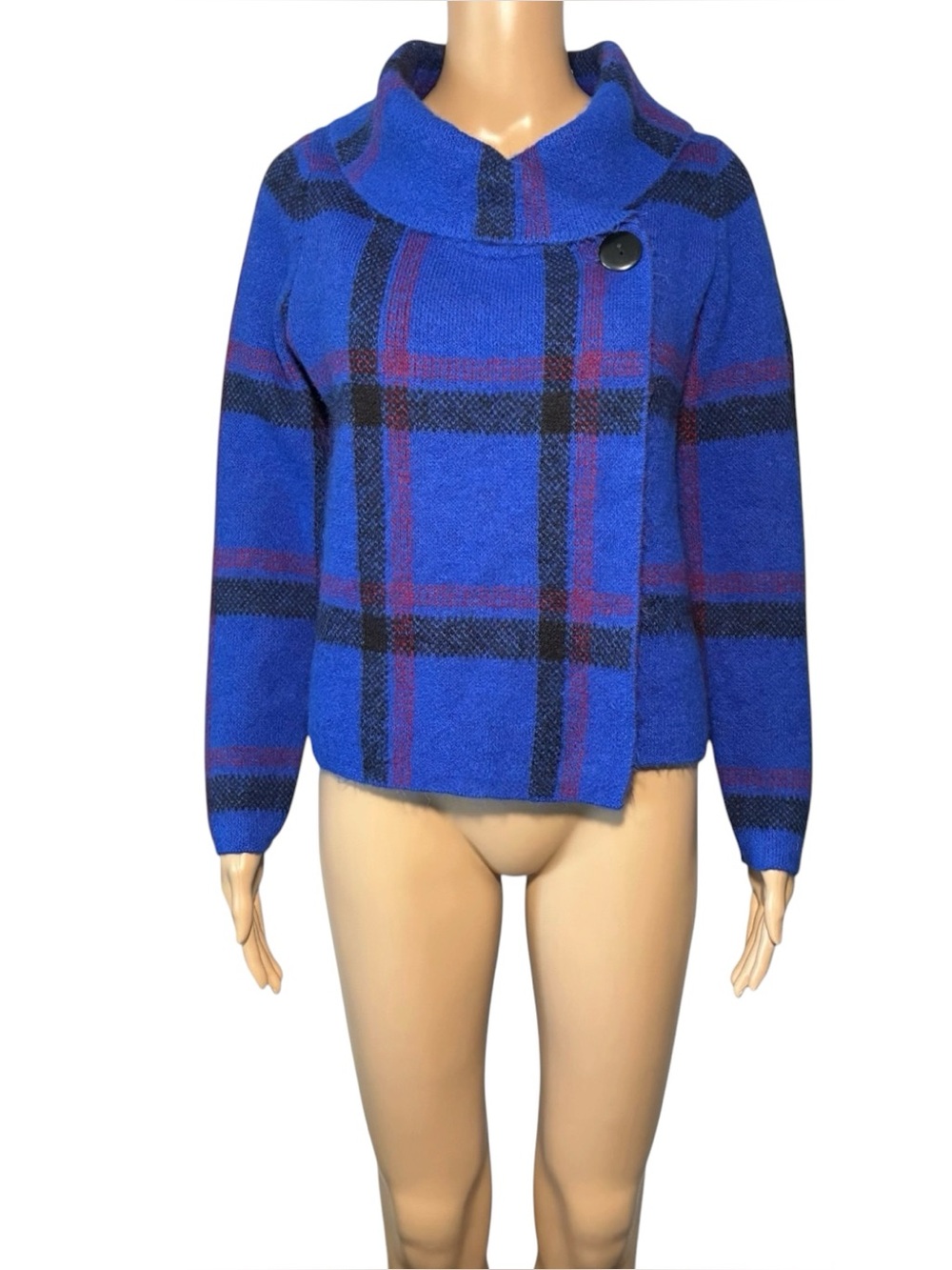 Max Studio Women's Box Knit Jacket M Plaid Single Button Cowl Neck Long Sleeve